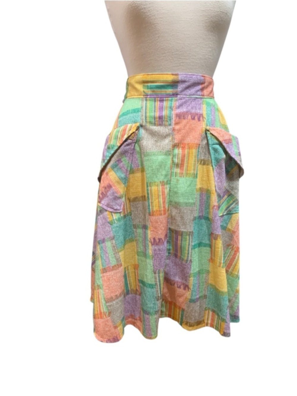 Vntg 70’s handmade Multicolor Patchwork A-Line apron Skirt Volup